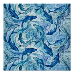 Mystischer blauer Fisch fließt in Harmonie Poster