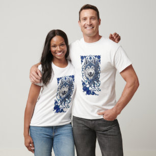 Mystischer blauer Wolfskopf Art Boho-Mandala-Des T-Shirt