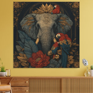 Mystischer Dschungel-Elefant & Papagei-Leinwand-Wa Leinwanddruck
