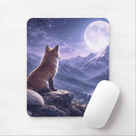 Mystischer Fuchs und riesiger Mond über schneebede Mousepad