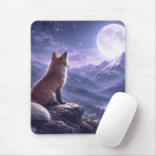 Mystischer Fuchs und riesiger Mond über schneebede Mousepad