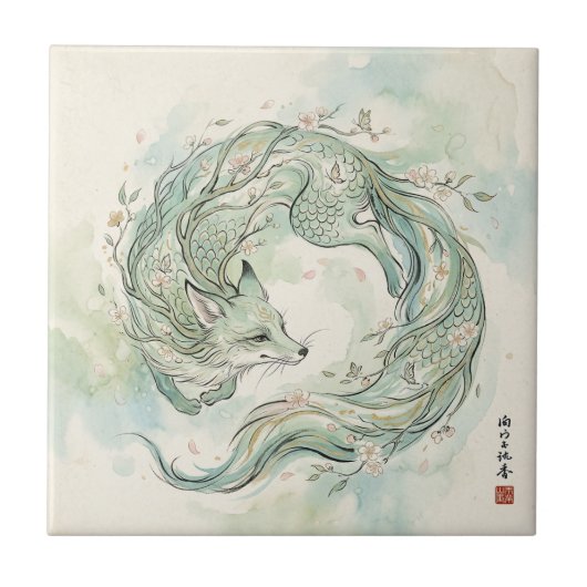 Mystischer Fuchsdrache Wasserfarbenkunst (1) Fliese (Vorderseite)