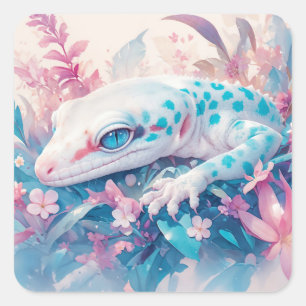 Mystischer Gecko zwischen lebendigen Blüten Quadratischer Aufkleber