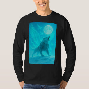 Mystischer geflügelter Wolf, der den Mond anheult T-Shirt