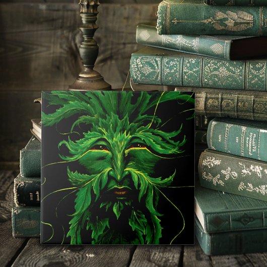 Mystischer Greenman Waldgeist Blatt Gesicht Fantas Fliese