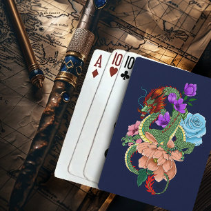 Mystischer grüner chinesischer Drache, florale Nav Spielkarten