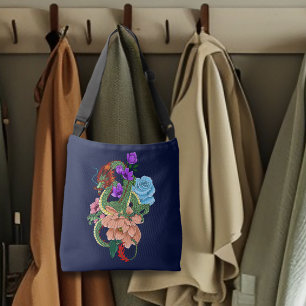 Mystischer grüner chinesischer Drache, florale Nav Tragetaschen Mit Langen Trägern