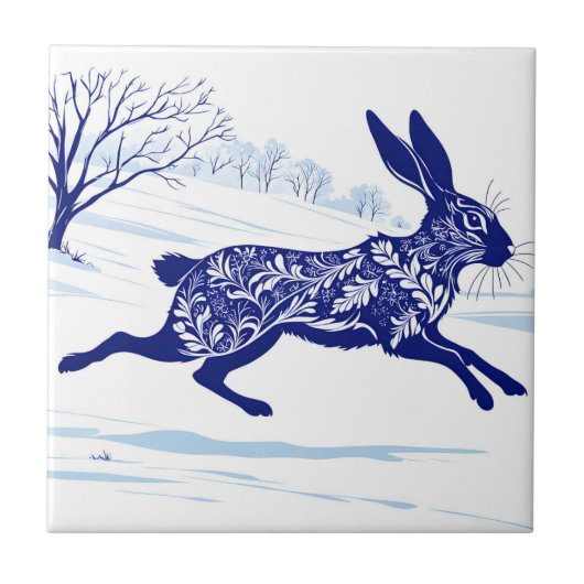 Mystischer Hase: Whimsischer Hase im Schnee Fliese (Vorderseite)