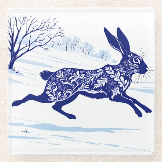 Mystischer Hase: Whimsischer Hase im Schnee Glasuntersetzer (Vorderseite)