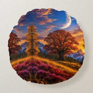 Mystischer Herbst-Eichenbaum-Halbmond  Rundes Kissen