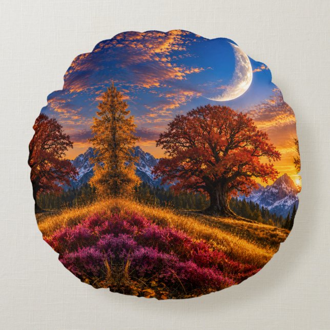 Mystischer Herbst-Eichenbaum-Halbmond  Rundes Kissen (Vorderseite)