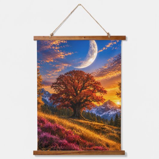 Mystischer Herbst-Eichenbaum-Halbmond  Wandteppich Mit Holzrahmen (Vorderseite)