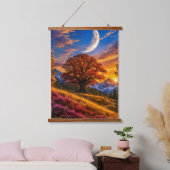 Mystischer Herbst-Eichenbaum-Halbmond  Wandteppich Mit Holzrahmen (Schlafzimmer)