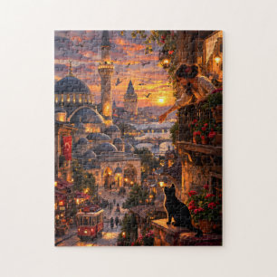 Mystischer Istanbul-Sonnenuntergang Schwarze Katze Puzzle