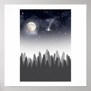 Mystischer Mondwald Sternennacht Landschaft Poster