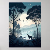Mystischer Nachtwald mit silberner Tierwelt Poster (Vorne)