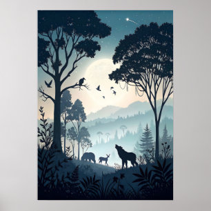 Mystischer Nachtwald mit silberner Tierwelt Poster