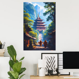 Mystischer Pagodenpfad bei Sonnenaufgang Poster