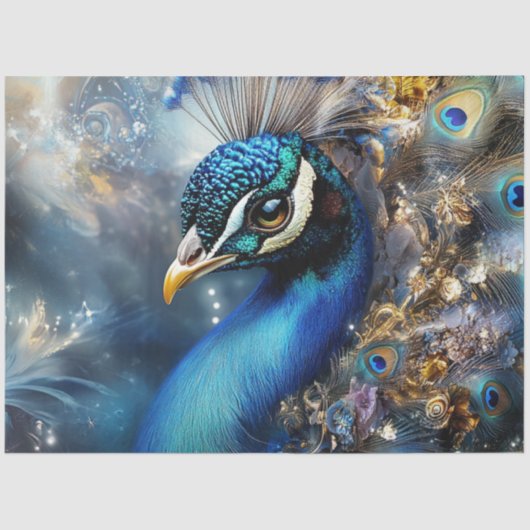 Mystischer Pfau in blauen Beige Gold Hues Seidenpapier (Vorderseite)