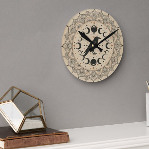 Mystischer Raben-Mondphasen-Mandala Himmels-Kunst Runde Wanduhr