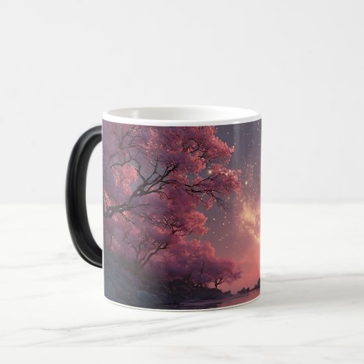 Mystischer rosa Blütenbaum Nachthimmel Kaffeetasse (Vorderseite Links)