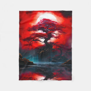 Mystischer roter Baum unter Vollmond Fleecedecke