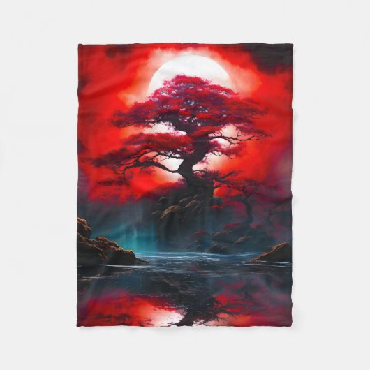 Mystischer roter Baum unter Vollmond Fleecedecke (Vorderseite)