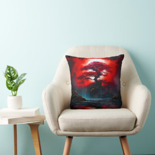 Mystischer roter Baum unter Vollmond Kissen