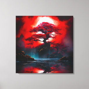 Mystischer roter Baum unter Vollmond Leinwanddruck