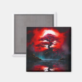 Mystischer roter Baum unter Vollmond Magnet (Vorderseite/Rückseite)