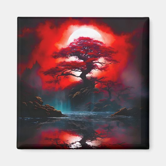 Mystischer roter Baum unter Vollmond Magnet (Vorne)
