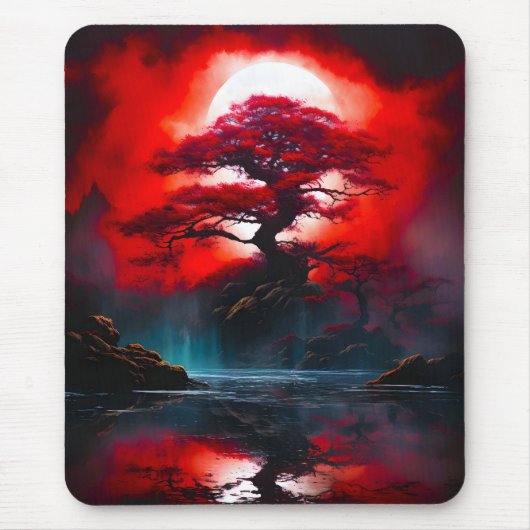 Mystischer roter Baum unter Vollmond Mousepad (Vorne)