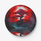 Mystischer roter Baum unter Vollmond Pappteller (Vorderseite)