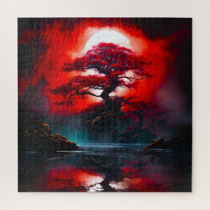 Mystischer roter Baum unter Vollmond Puzzle