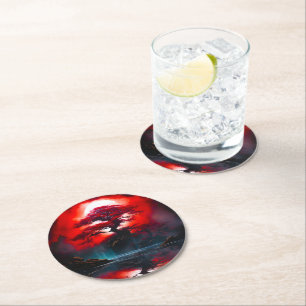 Mystischer roter Baum unter Vollmond Runder Pappuntersetzer