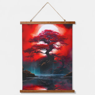 Mystischer roter Baum unter Vollmond Wandteppich Mit Holzrahmen