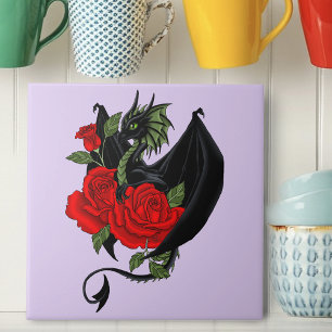 Mystischer schwarzer Drache rote Rosen Lavendel Go Fliese