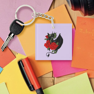 Mystischer schwarzer Drache rote Rosen Lavendel Go Schlüsselanhänger