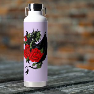 Mystischer schwarzer Drache rote Rosen Lavendel Go Trinkflasche