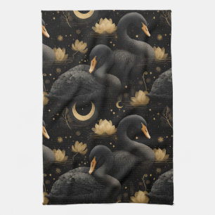 Mystischer Schwarzer Schwan und Goldener Lotus Mus Geschirrtuch
