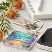 Mystischer Sonnenuntergang mit tropischer Blume Schlüsselanhänger (Vorderseite rechts)