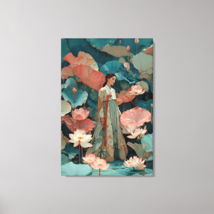 Mystischer Teal-Hanbok und riesige Lotus-Leinwandk Leinwanddruck