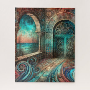 Mystischer Torbogen mit aufwendigen Türen und Meer Puzzle