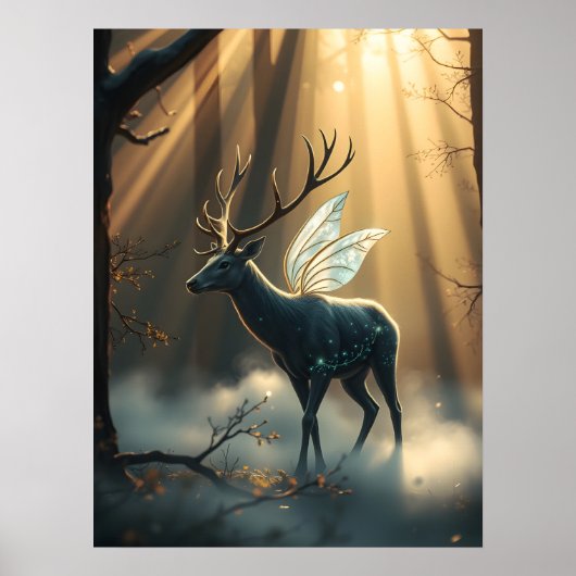 Mystischer Waldhirsch mit Feenflügeln Poster (Vorne)