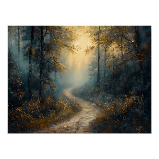 Mystischer Waldweg bei Morgendämmerung Poster (Vorderseite)