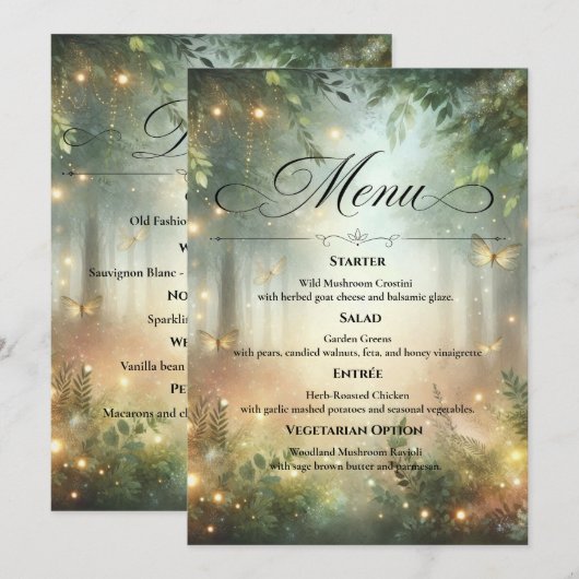 Mystischer Waldwiesen-Zauber-Hochzeitstisch Menükarte (Vorne/Hinten)