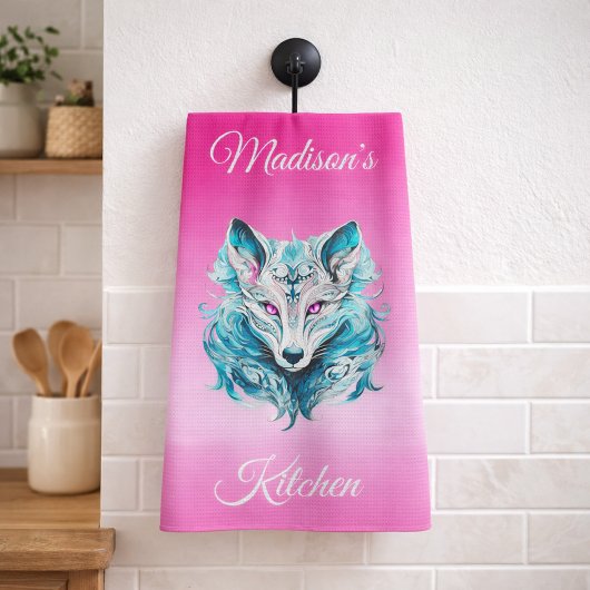 Mystischer Waldwolf Türkis Rosa Geschirrtuch