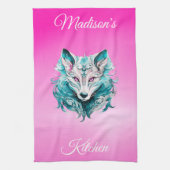 Mystischer Waldwolf Türkis Rosa Geschirrtuch (Vertikal)