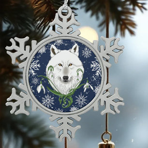 Mystischer Weißer Arktischer Wolf Winter Schneeglö Schneeflocken Zinn-Ornament