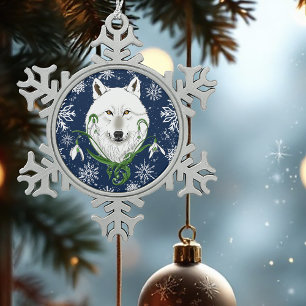 Mystischer Weißer Arktischer Wolf Winter Schneeglö Schneeflocken Zinn-Ornament